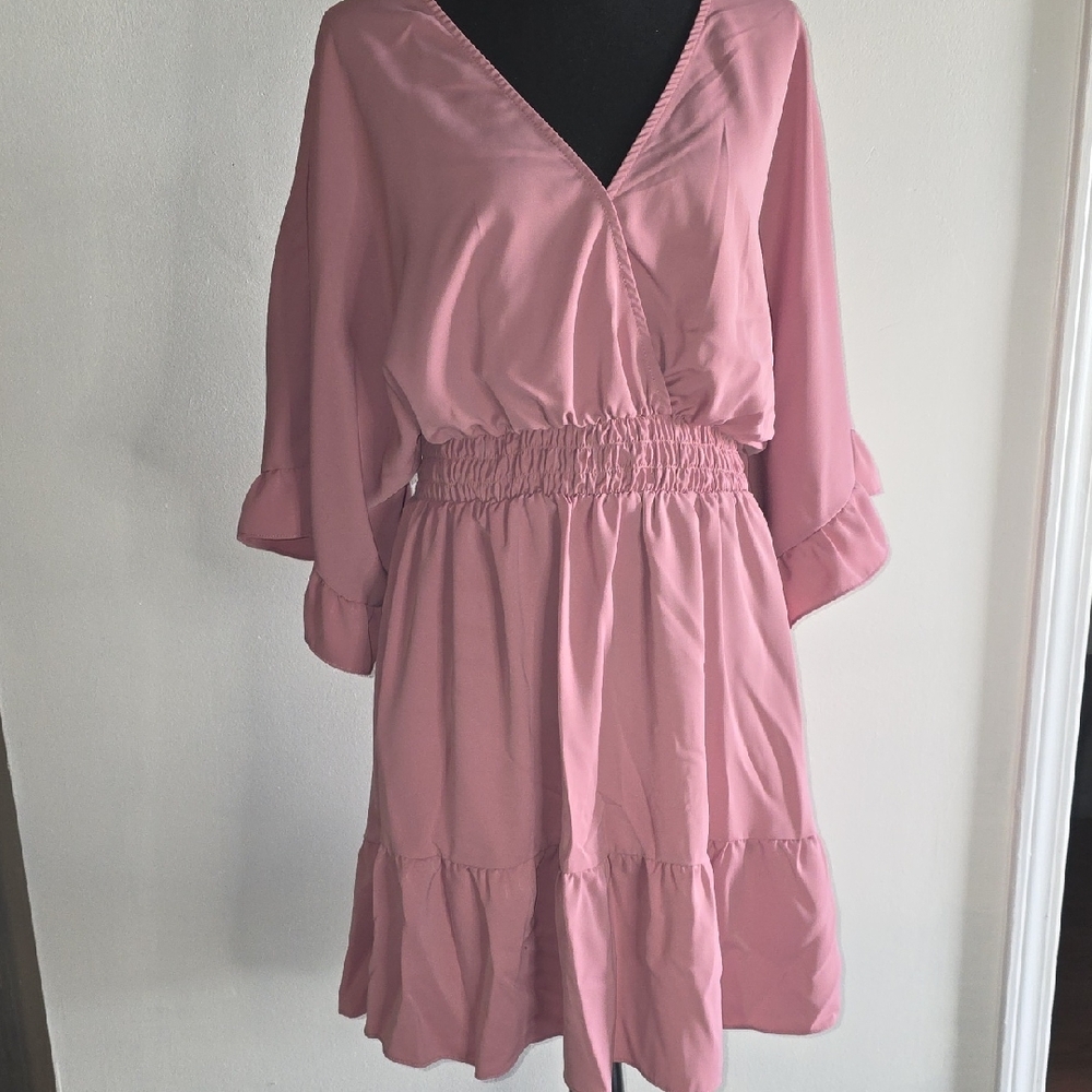 Pink V-Neck Dress with Ruffle Sleeves